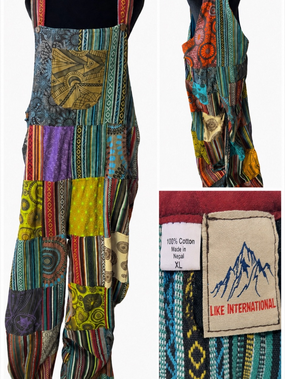 Like International Patchwork Cotton Boho Overalls Jumpsuit XL Nepal